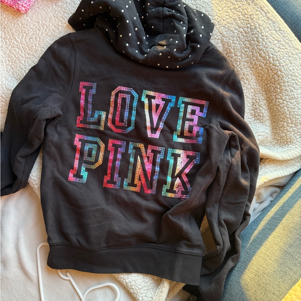 Victoria's Secret woman's  Hoodie - Black with Multicolor LOVE PINK - Picture 3 of 4